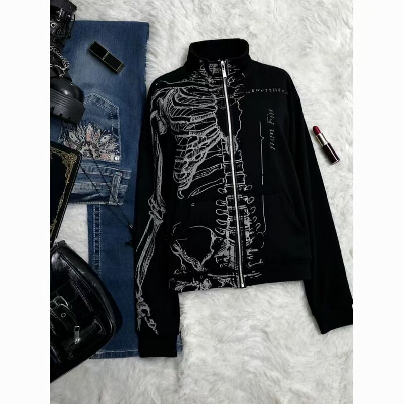 Y2K Subculture Street Vintage Black Skull Cardigan Stand-Up Collar Jacket for Men and Women Autumn and Winter Fleece-Lined Top