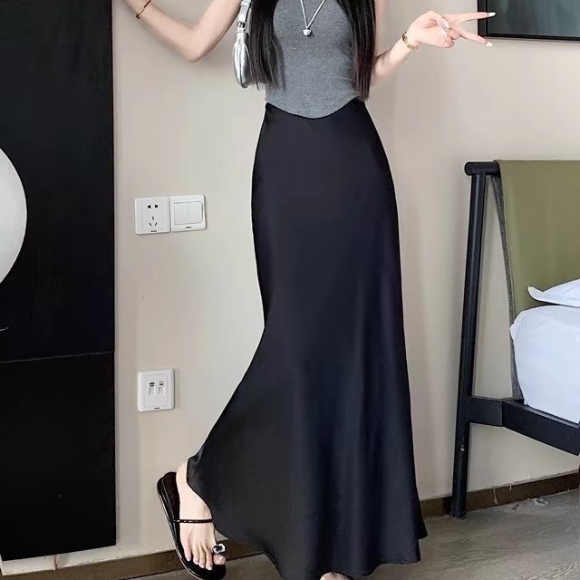 High-End French Acetate Satin Draped Elegant 2024 New Spring Mid-Length Skirt Fishtail Skirt