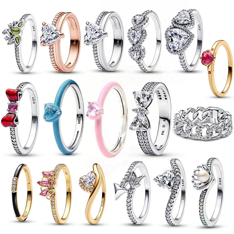 Panjiafeng S925 Sterling Silver Ring Pink Heart-Shaped Bow Princess Crown Double Ring Niche High-End Tail Ring for Women Panjiafeng S925 Sterling Silver Ring Pink Heart-Shaped Bow Princess Crown Double Ring Niche High-End Tail Ring for Women
