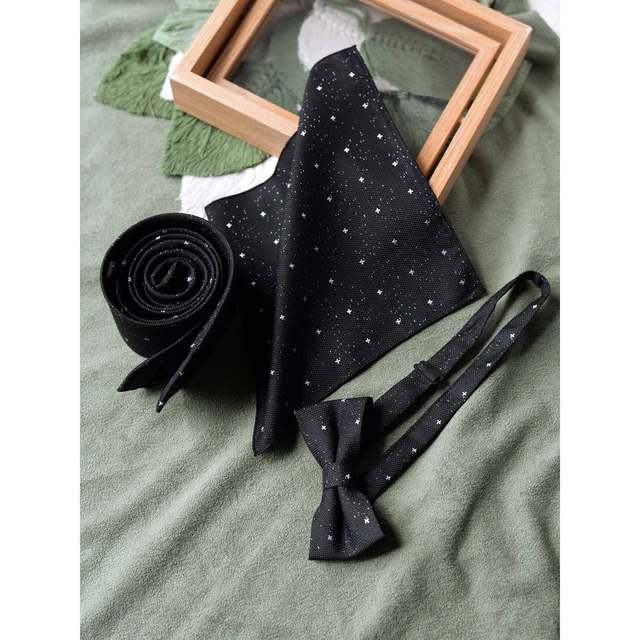Black Star Jacquard Tie Men's Casual Elegant Formal Shirt Bow Tie Pocket Square Set Gift Trendy