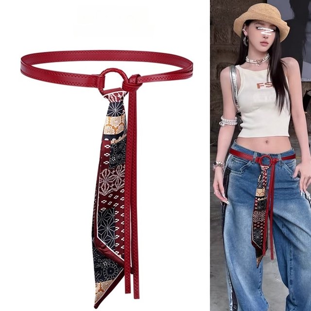 Red Silk Scarf Belt Accessory for Women, Vintage Decoration, Suitable for Jeans and Skirts, Y2K Belt with a Unique and High-End Design