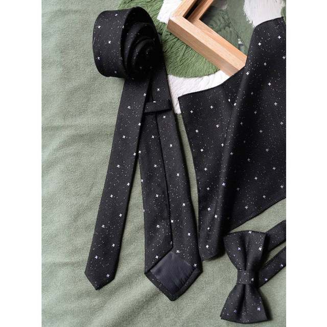 Black Star Jacquard Tie Men's Casual Elegant Formal Shirt Bow Tie Pocket Square Set Gift Trendy