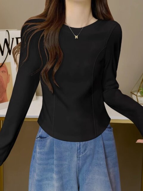 2025 New Style Irregular Hem Slimming Fishbone Top Pure Cotton Regular Shoulder Long Sleeve T-Shirt Women's Versatile Base Shirt