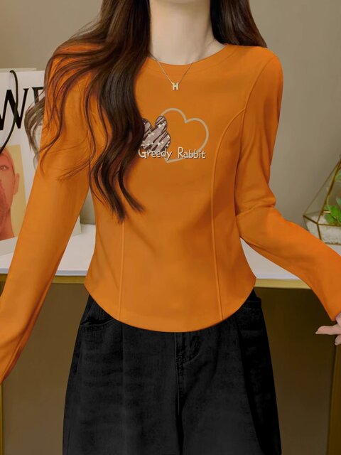 Vintage Printed Long-Sleeve T-Shirt for Women, Spring and Autumn Inner Layer, European Style, Regular Shoulder, Slim Fit, Short Fishbone Unique Top