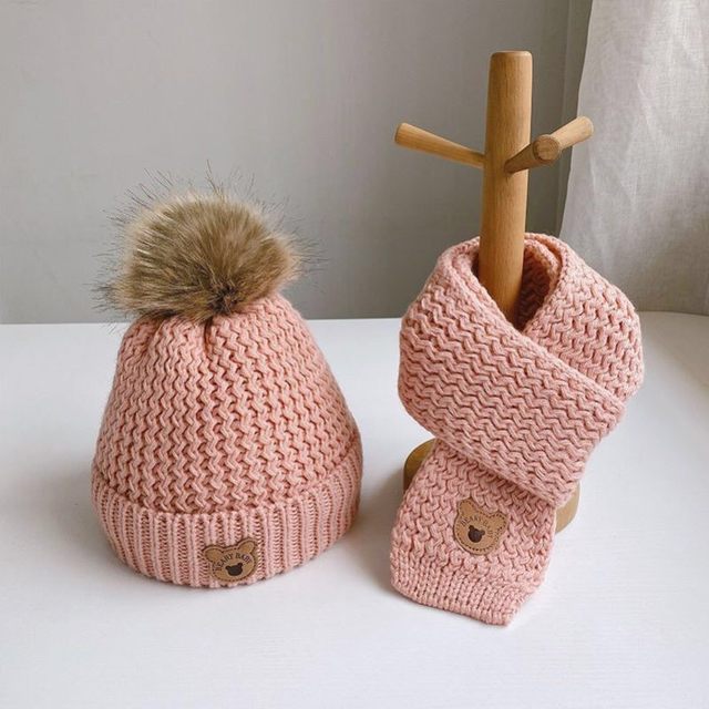 Cute and Super Adorable Little Bear Woolen Hat, New Baby Hat and Scarf Two-Piece Set, Autumn and Winter Warm Baby Windproof Hat