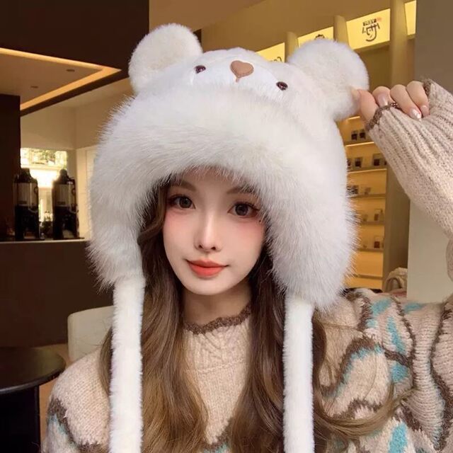 Little Bear Bow Hat for Women, Autumn/Winter 2025 New Style, Cute, Warm, Ear-Protecting, Face-Slimming, Plush Knitted Hat