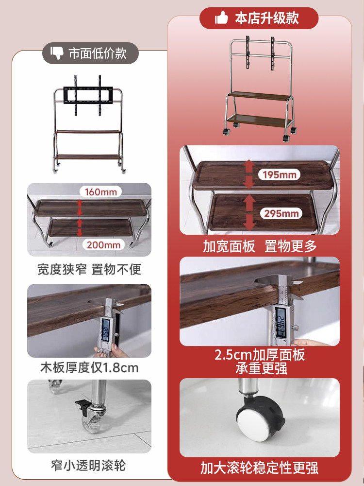 Tv Floor Stand Movable Vertical Stainless Steel Wheeled Cart for Living Room 55/65/ 75inch Universal Mount