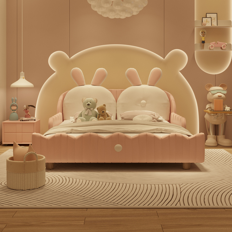Cream-Style Princess Bed 2m Extra-Large Genuine Leather Bed Pink Rabbit Widened Guardrail Parent-Child Bed Girl's Bed Master Bedroom Bed