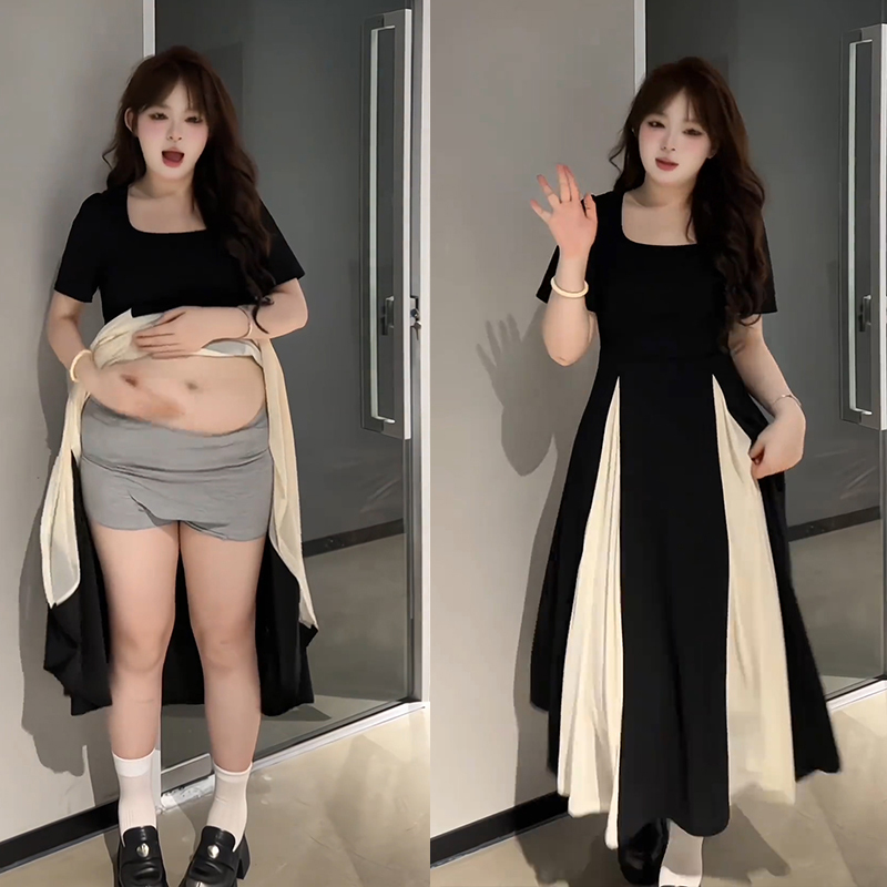 Plus Size Women's Dress with Contrasting Mesh Splicing, Square Neckline, Summer Slimming Waist-Cinching Elegant Short-Sleeve Long Dress