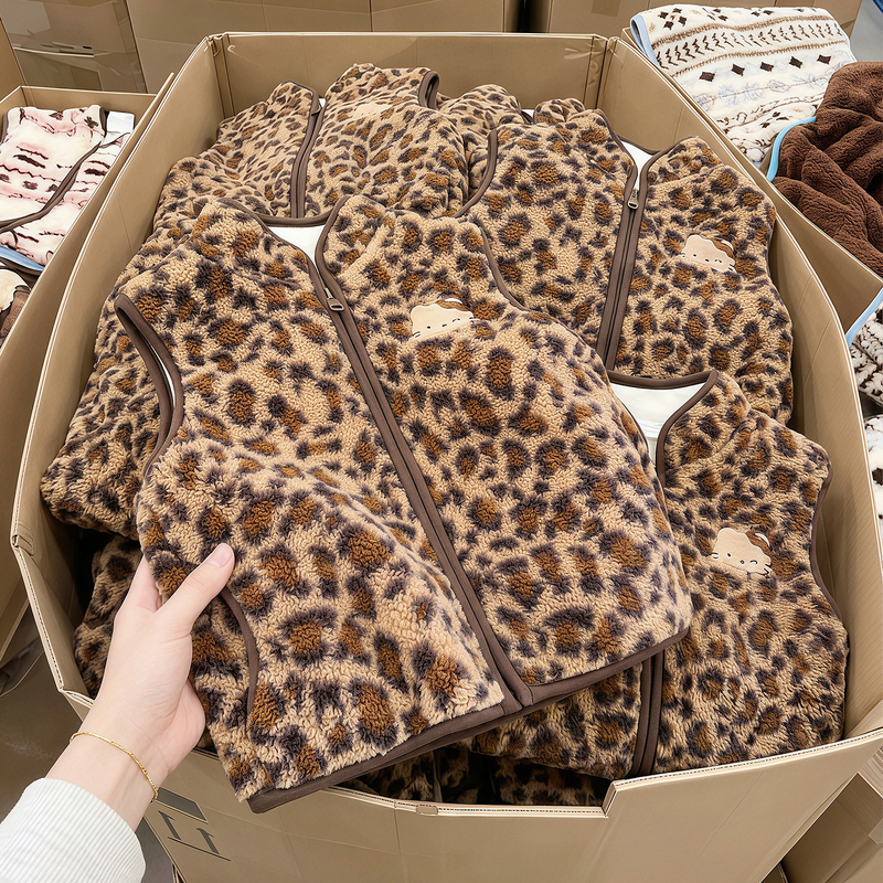 Children's Leopard Print Vest Cartoon New Style Fleece Vest Warm Outerwear for Boys and Girls Autumn Outdoor Stylish Outfit