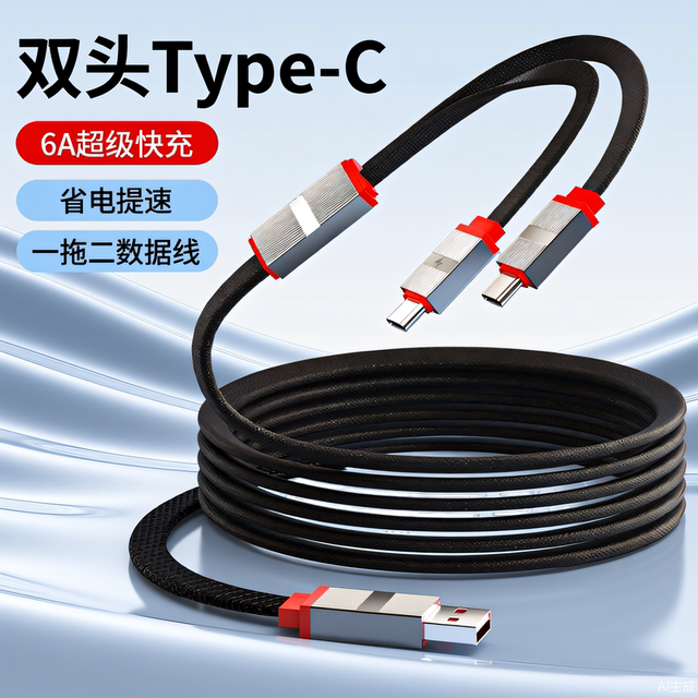 Flat data cable one to two charging cable 100W fast charging