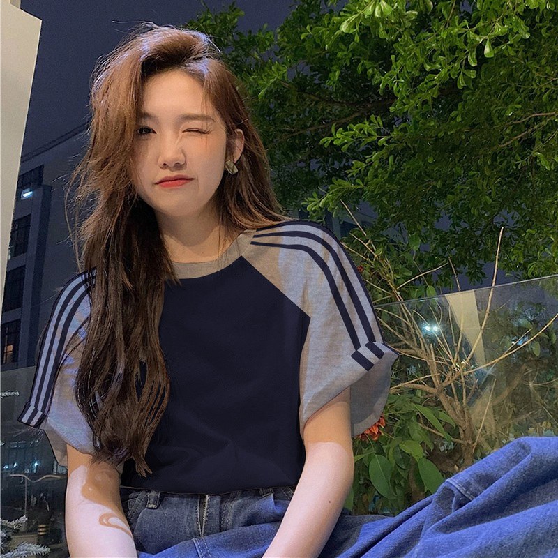 American-Style Color-Block Short-Sleeve Pure Cotton T-Shirt for Women, Summer National Trend ins Retro College Style Striped Raglan Half-Sleeve Top