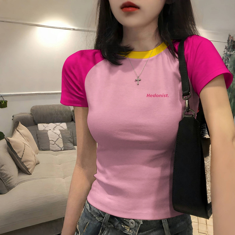 Dopamine Pink Short-Sleeved T-Shirt for Women, Short Style, 2026 New Summer Letter Print Color-Blocking Slim-Fit Short Top