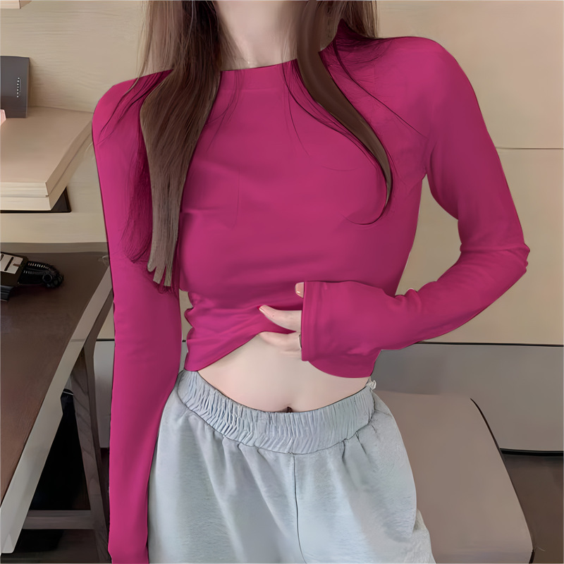 Rose Red Long-Sleeved T-Shirt for Women, New European Style for Spring and Autumn, Solid Color, Slim Fit, Flattering, Inner Layer, Base Shirt, Top