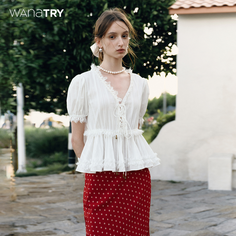 Wana Try 100% Cotton Textured Short-Sleeved Top with Lace Trim Sleeves, 2026 New Autumn Korean Style Casual Top Wana Try 100% Cotton Textured Short-Sleeved Top with Lace Trim Sleeves, 2026 New Autumn Korean Style Casual Top