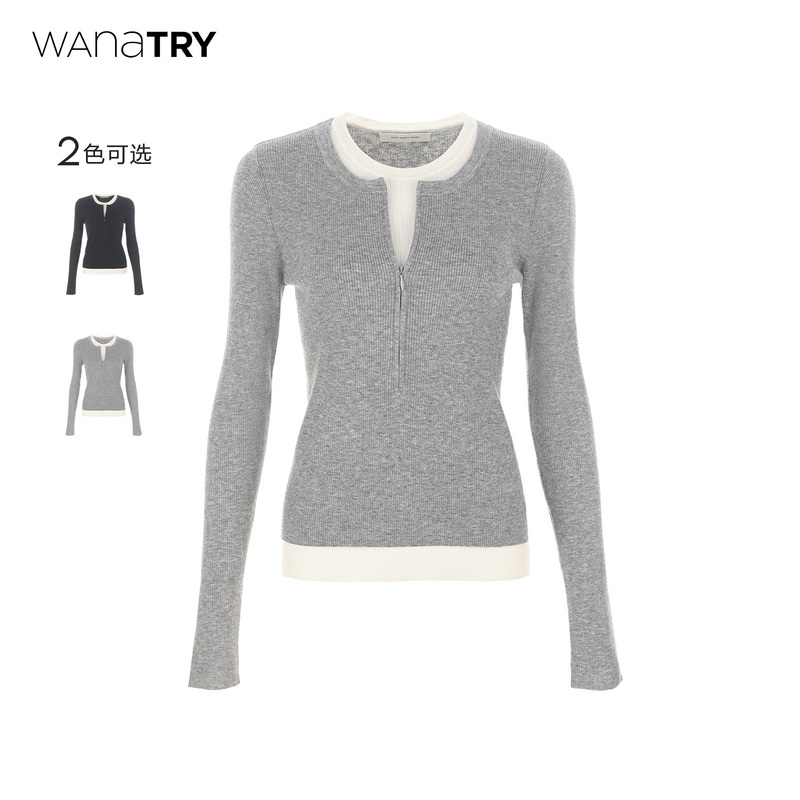 Wana Try Wool Faux Two-Piece Zip-Up Half-Cardigan Knit Sweater, New Spring Collection, Simple Korean-Style Top for Women