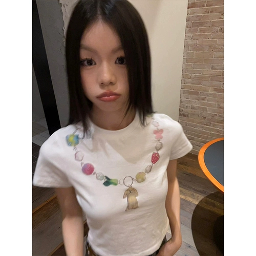 Белая летняя тонкая короткая футболка из жемчуга, круглый воротник, по фигуре