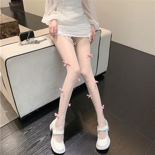 White Butterfly Knot Pearl Silk S Female Pure Desire Socks Net Red In Craze Sexy Jk Arbitrary Cut anti-hooking Pants Socks-Taobao