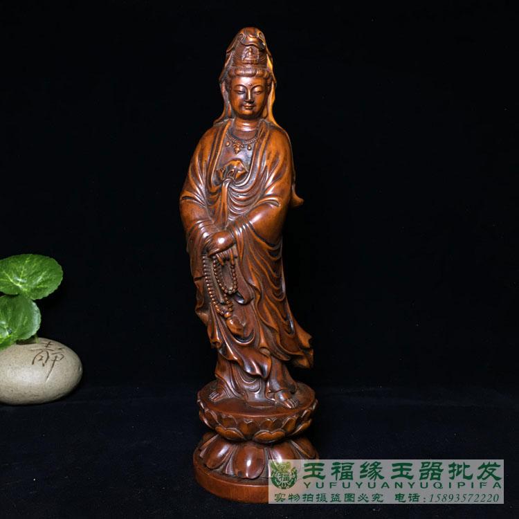 Antique Miscellaneous Antique Wood Carving Ornament Lotus Guanyin Buddha Statue Wood Carving Boxwood Station Guanyin Buddha Statue Ornament