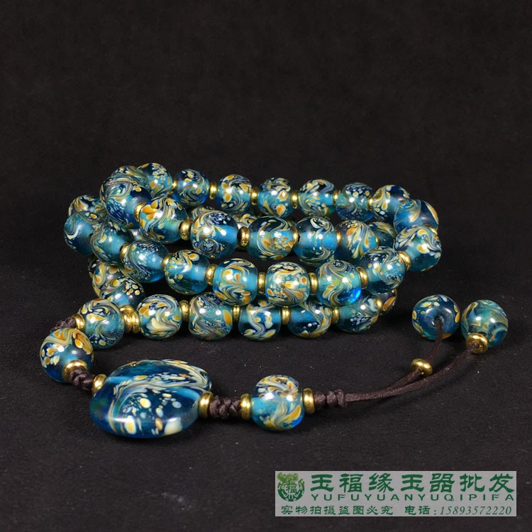 Ancient Miscellaneous Gorgeous Return Old glass Multicolor Painting Order Buddhist Pearl Pearl Prescription Blue Fengru Pearl String