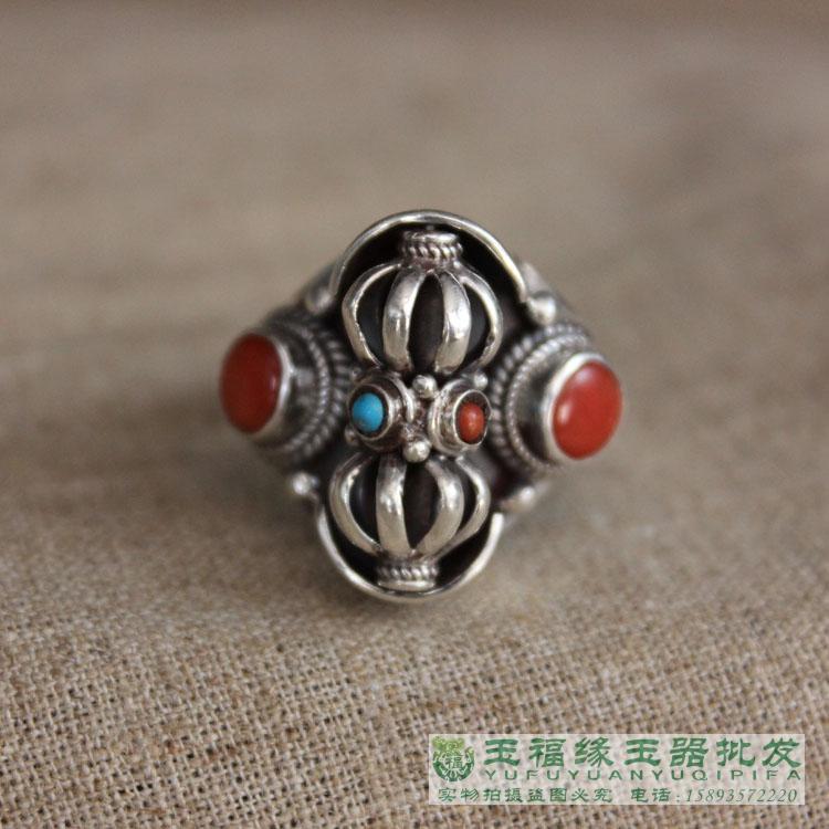 Nepalese handmade 925 pure silver opening ring male and female coral red forwarding bead ring retro national wind ornament