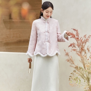 山有色中式毛毛立领盘扣粉色唐装棉服