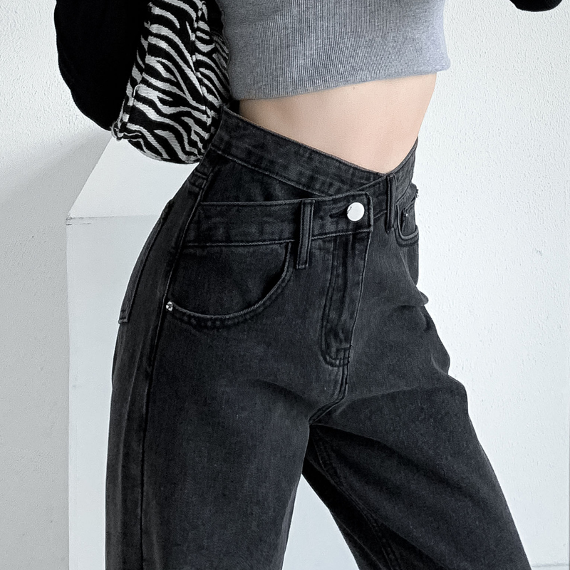 Irregular Cross-Waisted Jeans Women's Irregular Cross-Waist Straight-Leg Denim Pants