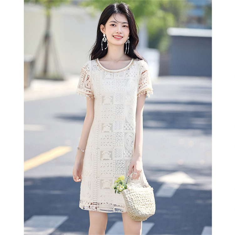Round Neck Dress for Women, Short-Sleeved Lace Hollow-Out A-Line Dress