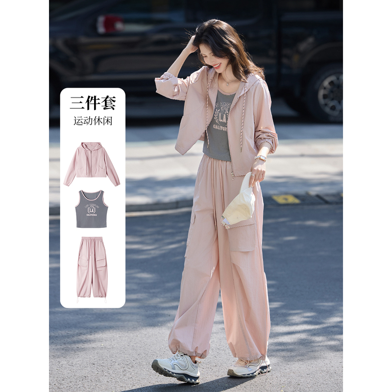 Casual Sports Suit for Women 2026 Spring New Style Sweatpants Sleeveless Short Vest Hooded Drawstring Jacket Three-Piece Set Casual Sports Suit for Women 2026 Spring New Style Sweatpants Sleeveless Short Vest Hooded Drawstring Jacket Three-Piece Set