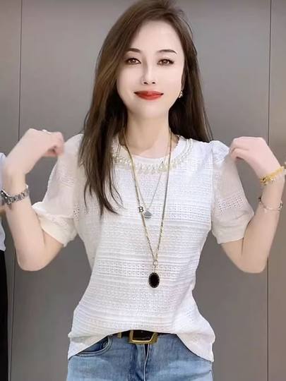 圆领钉珠拼接蕾丝短袖衬衫女夏季时尚洋气宽松显瘦休闲纯色雪纺衫