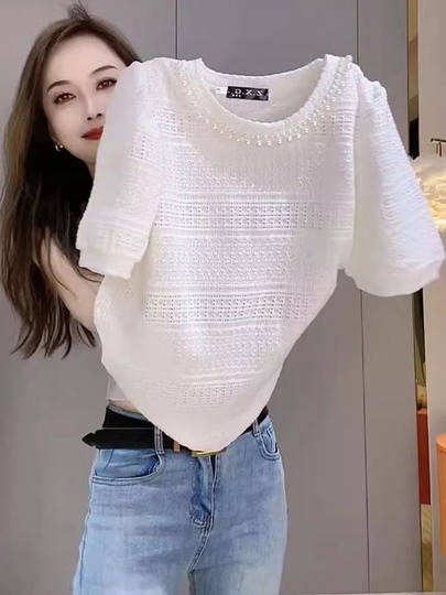 圆领钉珠拼接蕾丝短袖衬衫女夏季时尚洋气宽松显瘦休闲纯色雪纺衫