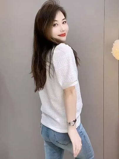 圆领钉珠拼接蕾丝短袖衬衫女夏季时尚洋气宽松显瘦休闲纯色雪纺衫