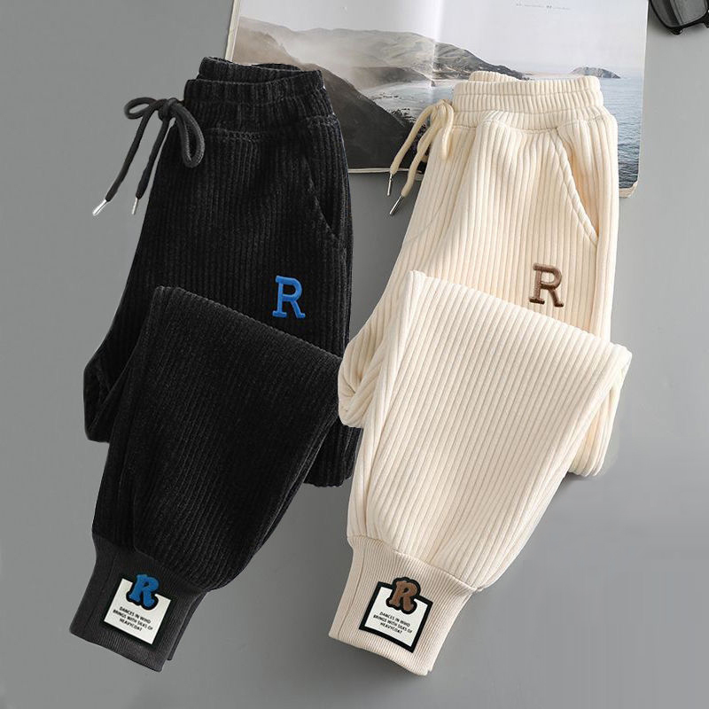 Corduroy Sports Casual Pants for Women, New Autumn and Winter Style, Fleece-Lined, Thickened, Embroidered, Cuffed, Chenille, Loose, Slimming Sweatpants