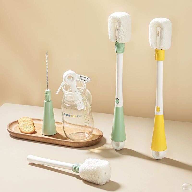 Heguo 5-in-1 Multifunctional Wood Pulp Cotton Cup Brush, Bottle Brush, Lid Brush Set, Pacifier Brush, Cleaning Tool with Long Handle