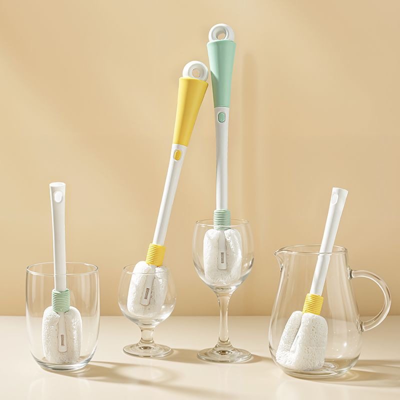 Heguo 5-in-1 Multifunctional Wood Pulp Cotton Cup Brush, Bottle Brush, Lid Brush Set, Pacifier Brush, Cleaning Tool with Long Handle