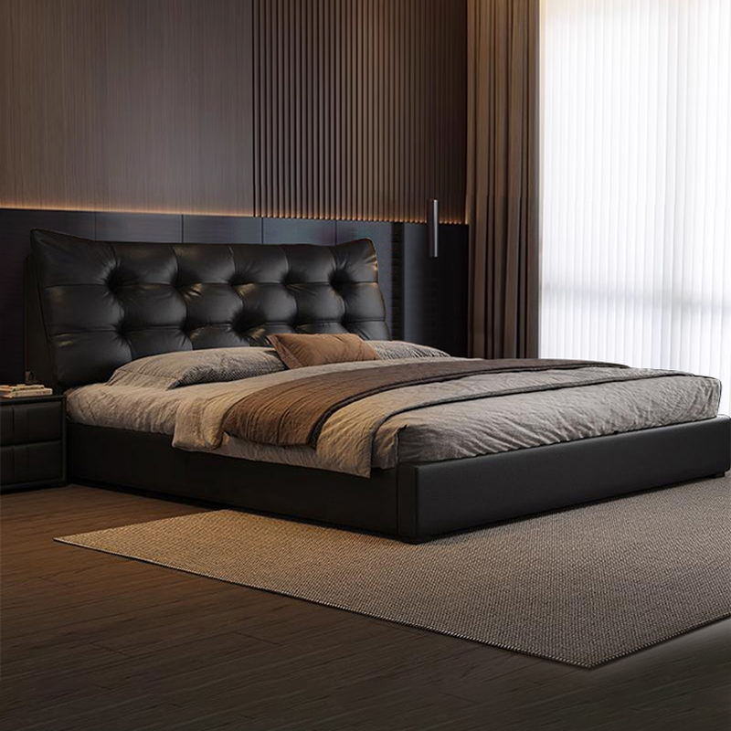イタリアのミニマリストレザーベッドレトロビッグブラックベアマスターベッドルームベッドハイエンドな雰囲気のウェディングベッドモダンシンプル1.8メートルビッグベッド