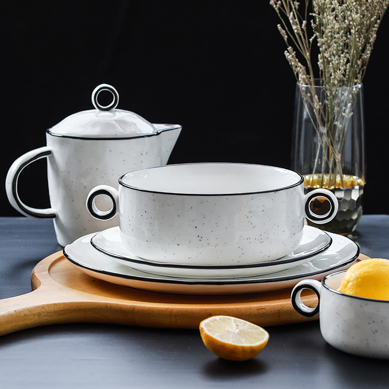 Element treasure Japanese hand - made line stroke ceramic tableware western - style food dish home dish dish dish soup plate rice bowls