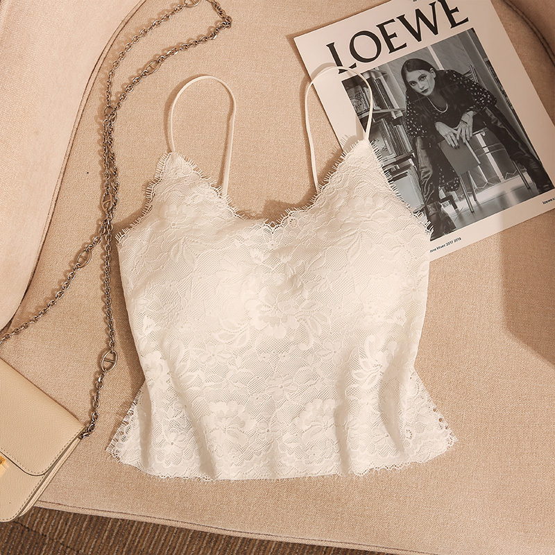 French-Style White Lace Embroidered Camisole for Women with Built-In Bra Pads, Beautiful Back Design, Integrated Bra and Top