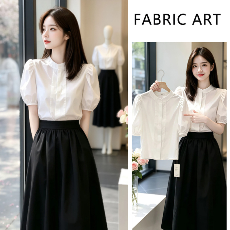 Rufen Fabric Story official store Women's Autumn French-Style High-End Puff Sleeve Short-Sleeve Shirt with High-Waisted Skirt Rufen Fabric Story official store Women's Autumn French-Style High-End Puff Sleeve Short-Sleeve Shirt with High-Waisted Skirt