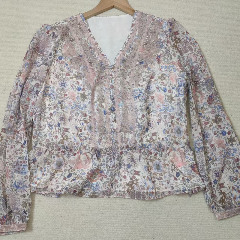 Yakotivijia 2026 New Summer Style Long-Sleeved Printed Georgette Lace V-Neck Waist-Cinching Shirt Top for Women Yakotivijia 2026 New Summer Style Long-Sleeved Printed Georgette Lace V-Neck Waist-Cinching Shirt Top for Women