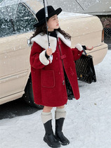 Girls velvet coat 2024 medium and large childrens Korean style medium-length thickened winter red New Years greetings coat
