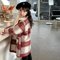 Girls winter plus fleece coat 2023 new medium and large childrens Korean style Western style plaid thickened mid-length coat
