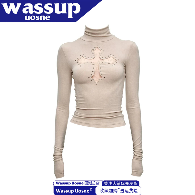American-Style Spicy Girl Style Cross Lace Patchwork High-Neck Long-Sleeve T-Shirt for Women, Autumn Slim-Fit Hollow-Out Top Trendy