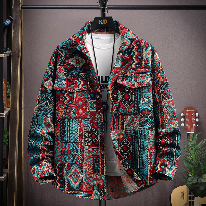 Spring Vintage Ethnic Style Shirt for Men, Long-Sleeved Hong Kong Style Trendy Brand Thick Jacquard Shirt, Casual Cool Loose Jacket