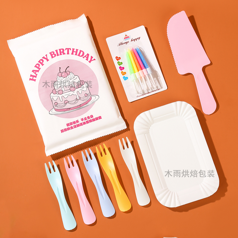 Birthday Cake Knife, Fork, Plate, Disposable Tableware, Thickened Set, Plastic Knife, Fork, Paper Plate, Candle Combination Set, Food Grade