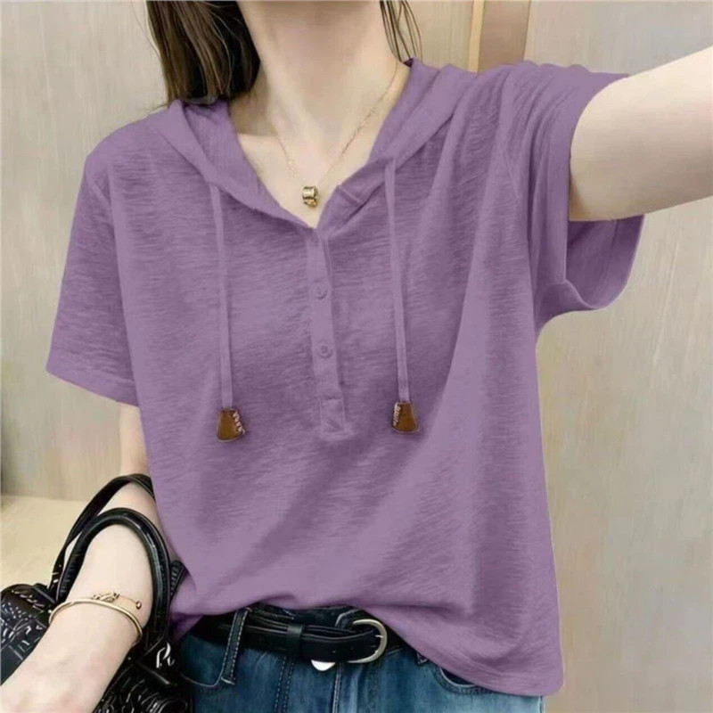 Plus-Size Loose-Fit Hooded Short-Sleeve T-Shirt for Women, Summer Thin Stylish Breathable Casual Hoodie, Trendy Youthful Top Plus-Size Loose-Fit Hooded Short-Sleeve T-Shirt for Women, Summer Thin Stylish Breathable Casual Hoodie, Trendy Youthful Top