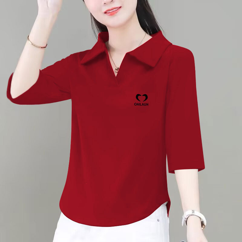 Pure Cotton Three-Quarter Sleeve T-Shirt for Women, New Summer Style, Versatile, Loose, Slimming, Fashionable Polo Collar Top