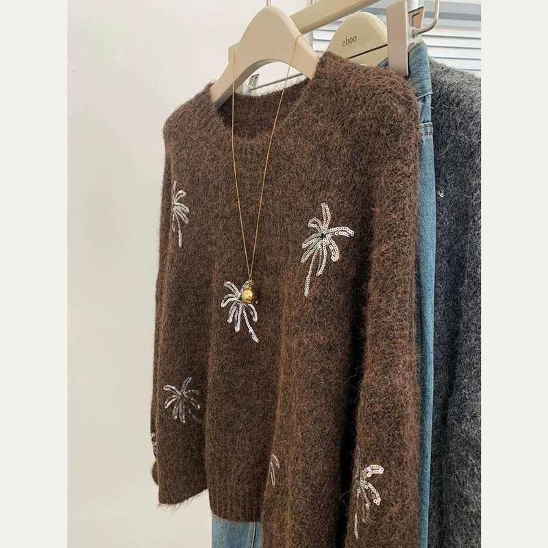 Coffee-Colored Heavy Sequin Embroidery Sweater for Women, 2026 Winter Loose Long-Sleeve Round-Neck Pullover Knit Top