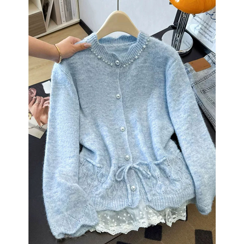 French-Style Gentle Beaded Lace Patchwork Knit Cardigan for Women, Korean Version, Waist-Cinching, Loose-Fitting, Slimming Long-Sleeve Sweater Coat French-Style Gentle Beaded Lace Patchwork Knit Cardigan for Women, Korean Version, Waist-Cinching, Loose-Fitting, Slimming Long-Sleeve Sweater Coat