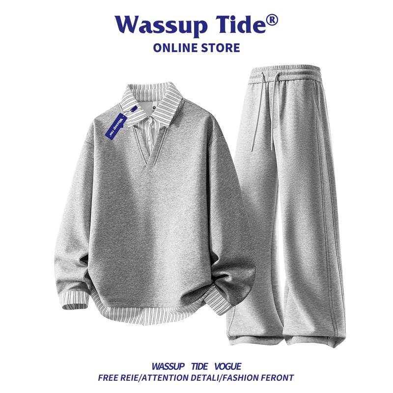 Wassup Tide American Style Fake Two-Piece Sweatshirt Couple Set Men's Spring and Autumn Loose Casual Long Pants Two-Piece Set Wassup Tide American Style Fake Two-Piece Sweatshirt Couple Set Men's Spring and Autumn Loose Casual Long Pants Two-Piece Set